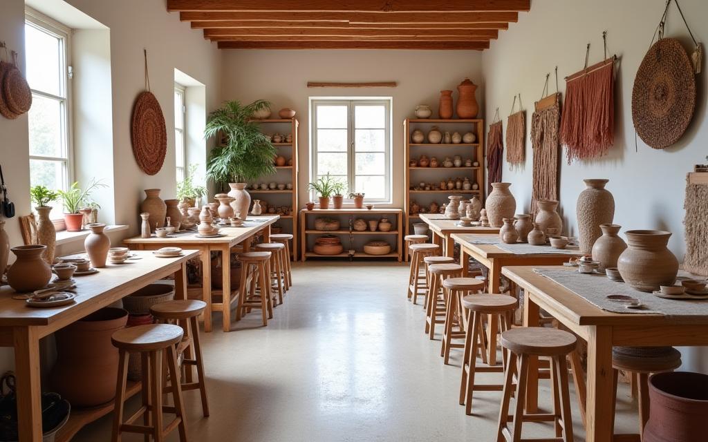 Vue principale de l'atelier de poterie avec des outils et des créations en cours