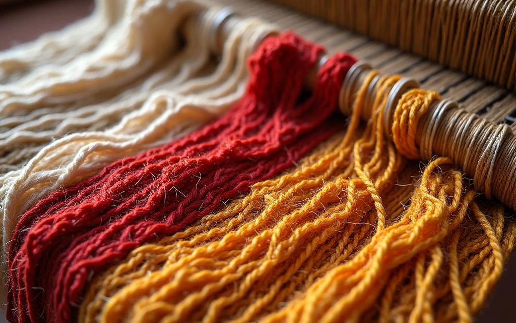 Échantillons de tissus artisanaux et fils sur un métier à tisser dans l'atelier