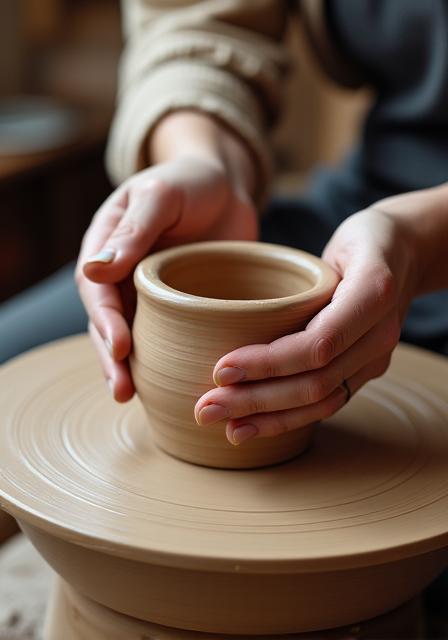 Mains d'artisan travaillant l'argile sur un tour de potier, atmosphère chaleureuse