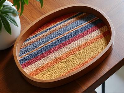 Petit plateau décoratif en bois avec incrustation de textile tissé