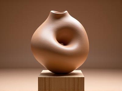 Sculpture abstraite en argile polie sur un socle en bois