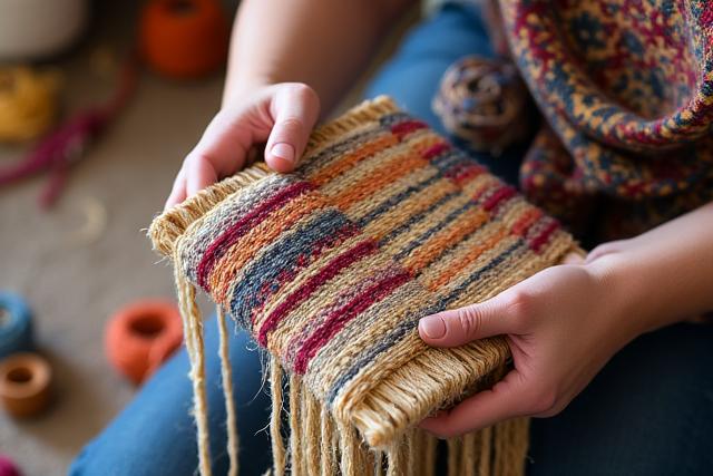 Mains d'une artiste tissant un motif coloré sur un métier à tisser mural, avec des fils de différentes textures.
