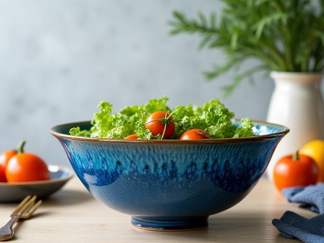 Grand saladier émaillé avec des motifs organiques bleus