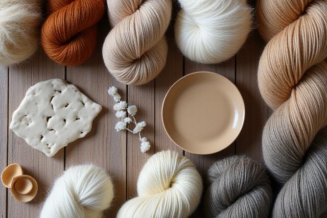 Assortiment de fils de laine naturels et d'argiles brutes pour artisans