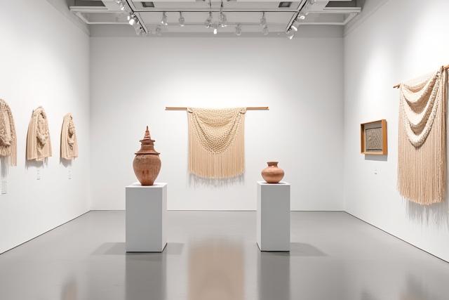 Galerie d'art moderne présentant des céramiques et textiles d'artistans