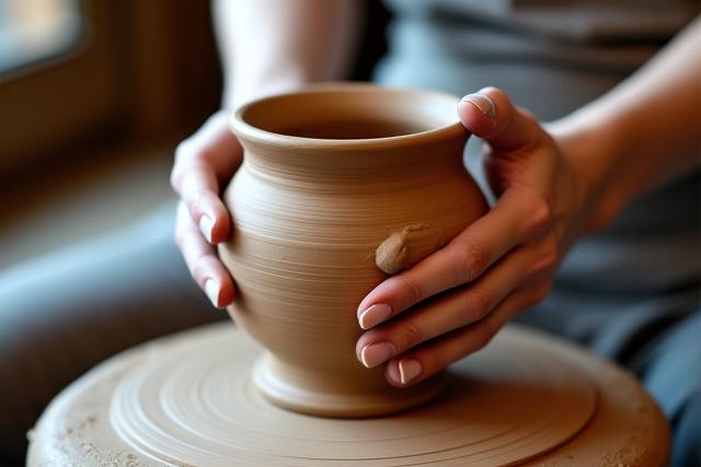 Mains d'artisan façonnant de la poterie sur un tour de potier